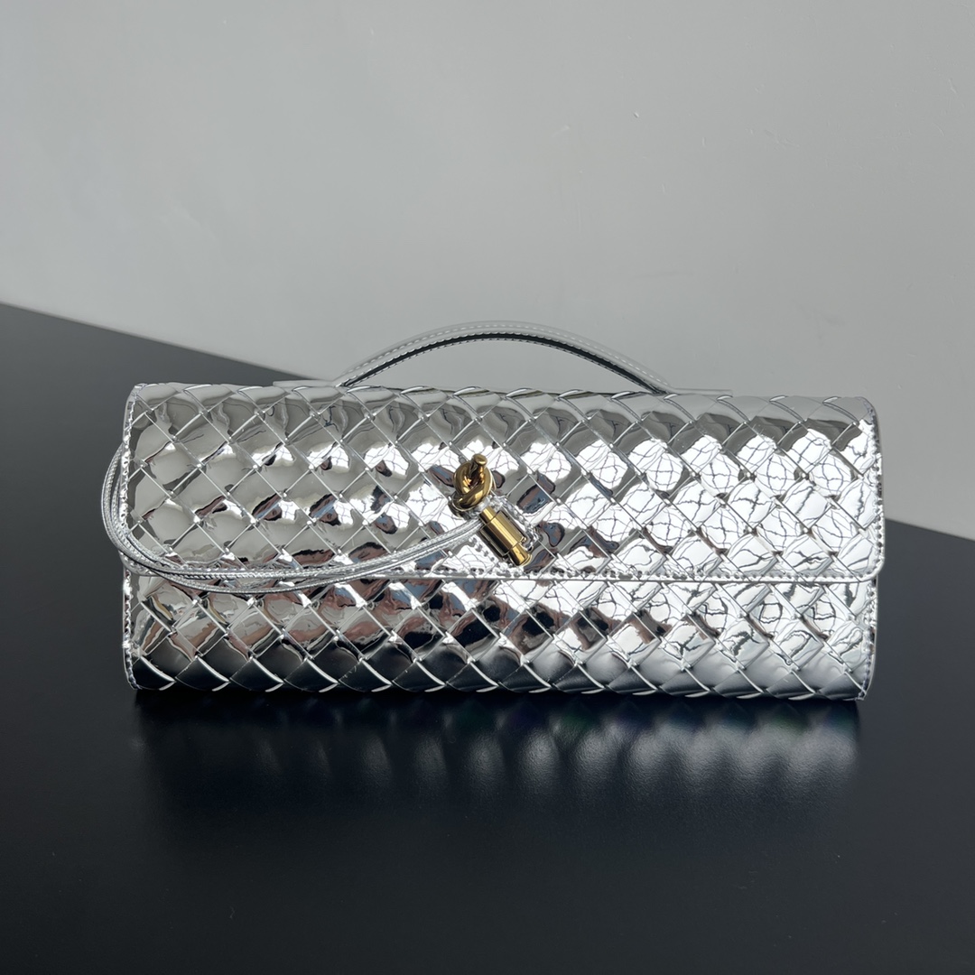 Andiamo Intrecciato Leather Top Handle Clutch Silver